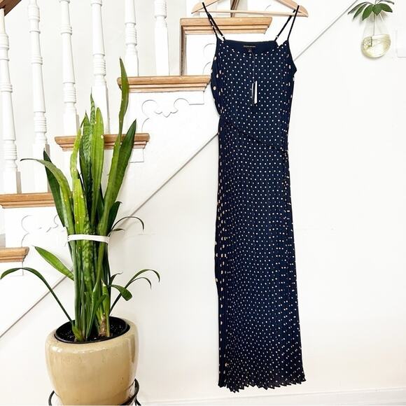 NWT Banana Republic Navy Beige Polka Dot Pleated Maxi Dress Belted Waist Size 4 - Picture 2 of 7
